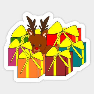 Cute reindeer hiding behind Christmas gifts Sticker